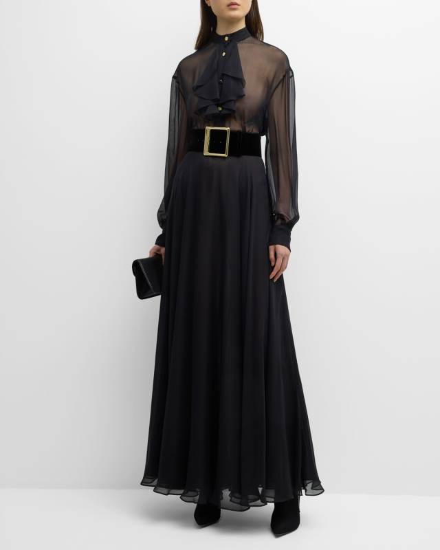 Sheer Belted Maxi Dress with Ruffle Top